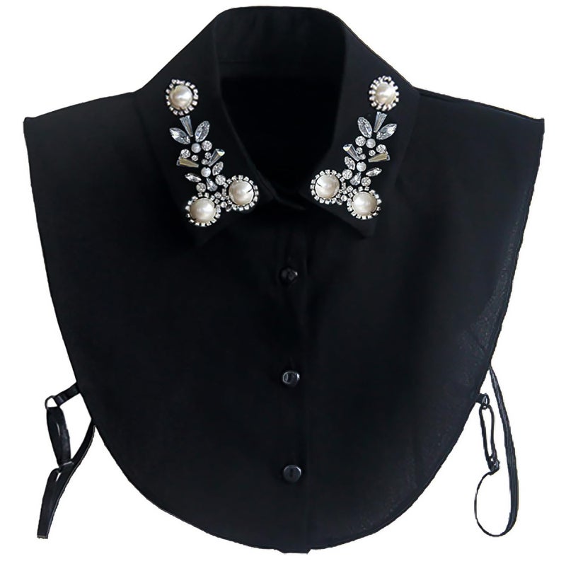 Joyci Crystal Pearl False Collar Peterpan Fake Collar Half Shirt Dickey Black - Image 1